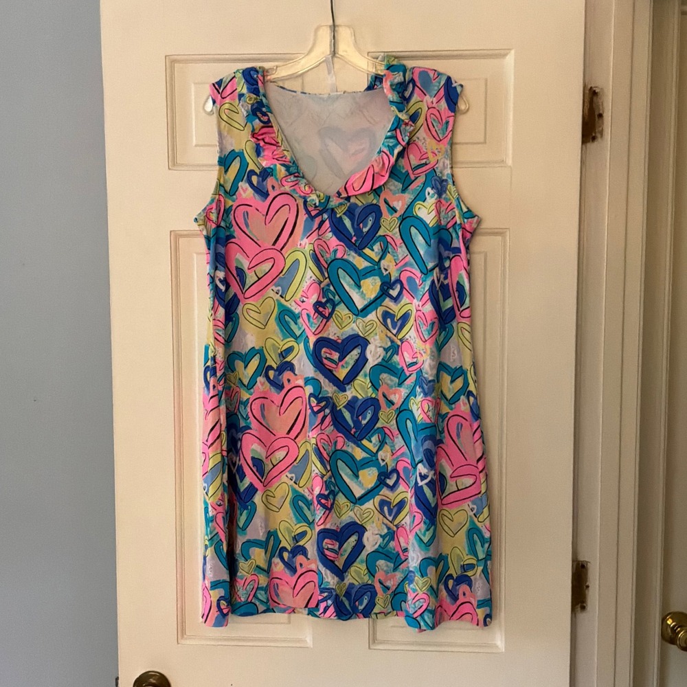 Lulu-B Sleeveless Ruffle Dress Heart Print Large UPF 50+ Cooling Golf Travel